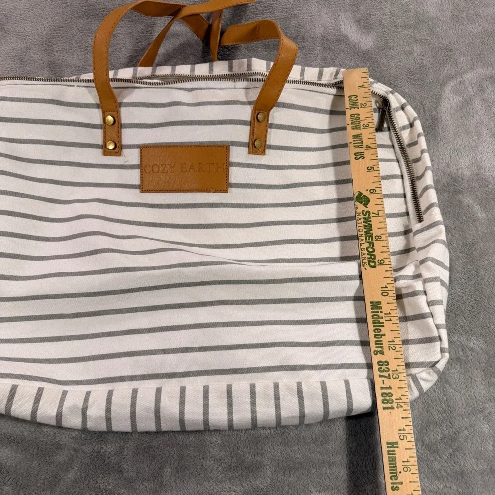 Cozy Earth Tote Bag Unisex Large White Grey Striped Canvas Faux Leather Trim